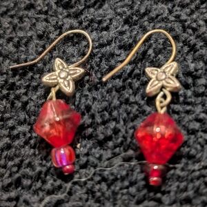 Handmade Red Glass Beaded Dangle Earrings Silver Tone Floral Charm Boho Statemen